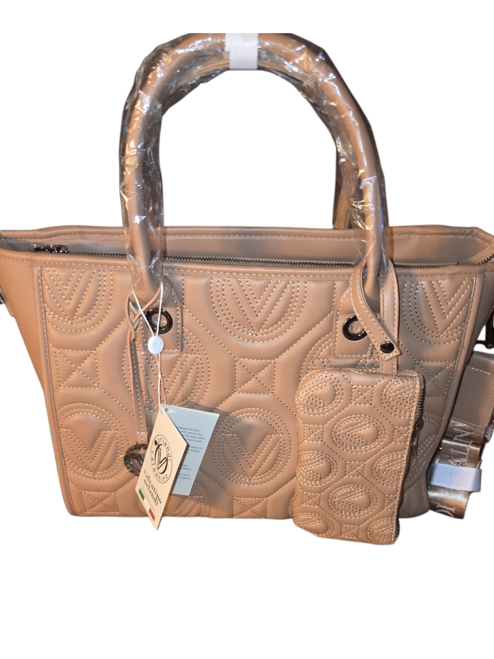 Brand New - Valentino Orlandi - Quilted Taupe Tote Bag with Pouch